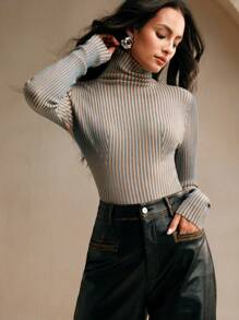 Anewsta 秋冬时尚渐变双罗纹高领修身T恤 - 藍色 - 查看 1