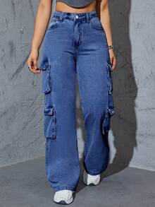 Plus Size Women's Y2K Street Style Multi-Pocket Cargo Straight Leg Jeans Casual Spring - Dark Wash - View 4