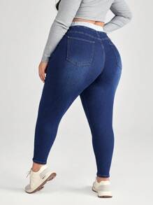 SHEIN CURVE+ Blue Plus Size Jeans Skinny Stretch Trousers Lined For Added Warmth Thermal Denim - Dark Wash - View 2