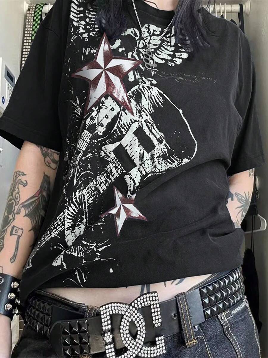Camiseta de cuello redondo de manga corta con estampado gráfico de guitarra en estilo vintage Y2K para mujer