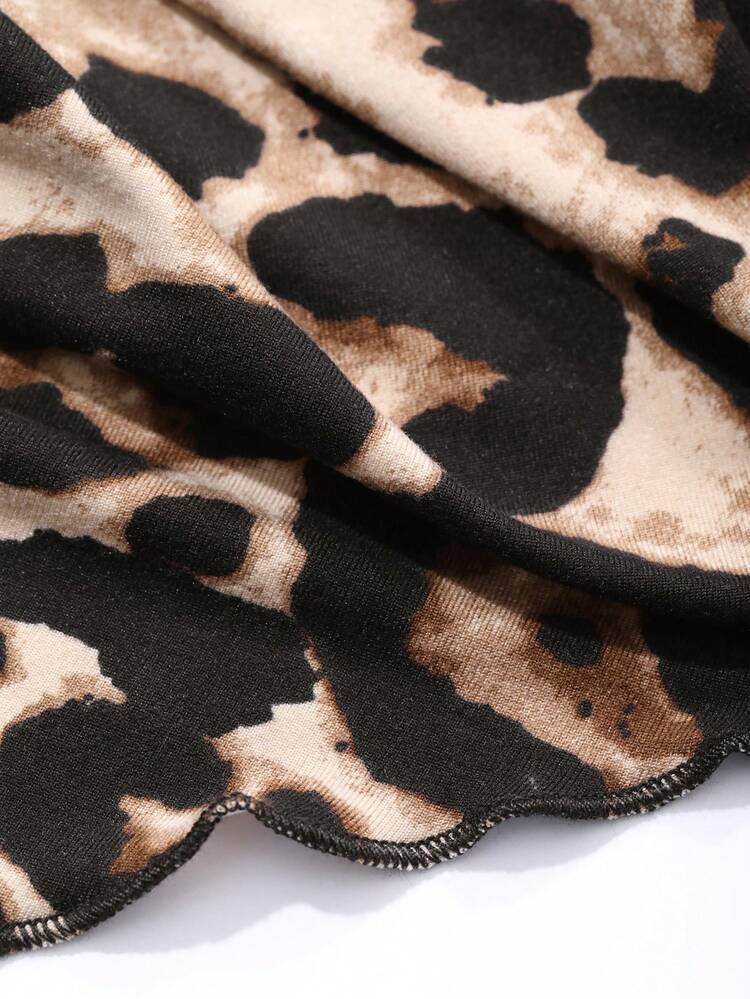 Women's Asymmetric Collar Ruched Long Sleeve Leopard Print Form-Fitting T-Shirt,Fall Clothes