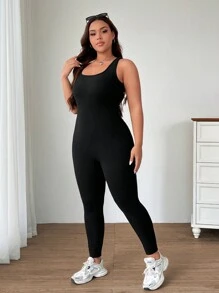 SHEIN EZwear Plus Size Women's Summer Solid Color Square Neck Jumpsuit - Black - View 4
