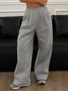 DAZY Quần ống rộng lót nhiệt màu trơn dáng rộng có cạp chun cho nữ - Xám - Xem 3