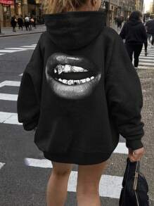 Muchica 女士休闲简约唇印图案宽松连帽卫衣，秋冬款 - 黑色 - 查看 6