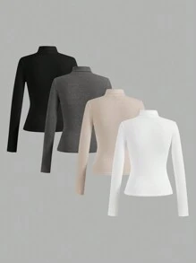 SHEIN 4 件 Tween 女童休闲纯色立领长袖修身 T 恤 - 彩色 - 查看 2