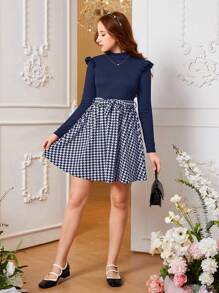 Teen Girls' Casual Flutter Sleeves Colorblock & Houndstooth Pattern Midi Dress, Autumn Winter - Navy Blue - View 4