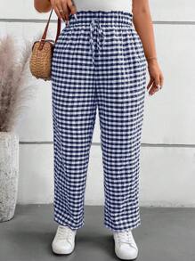 SHEIN VCAY 大码波西米亚风蕾丝前系带简约格子图案休闲长裤，适合夏季 - 藏蓝色 - 查看 3