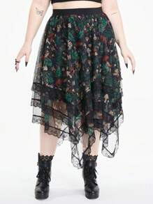 Inna Moreva 女士哥特式蘑菇印花分层不对称下摆薄纱重工业加大码裙子，黑色 - 彩色 - 查看 2