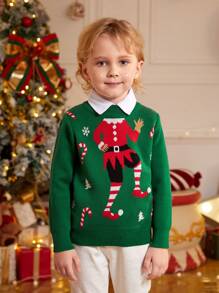 SHEIN 男童秋冬时尚卡通圣诞图案长袖柔软提花针织套头毛衣，可爱保暖内搭毛衣，适合秋冬季节穿着 - 綠色 - 查看 5