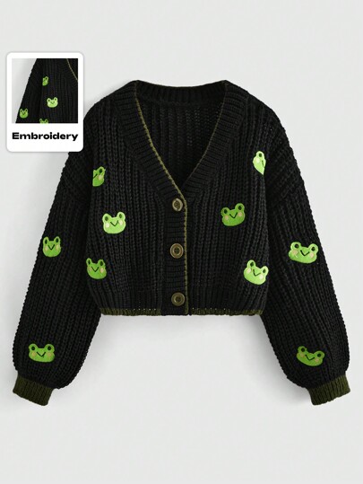 Kawaii Strickjacke mit Frosch Stickerei und Dropped Shoulder, Schule