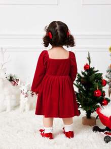 SHEIN Vestido de manga larga de terciopelo rojo elegante y lindo para bebé niña en otoño/invierno, conjunto a juego de mamá e hija para Navidad (2 piezas se venden por separado) - Rojo - Ver 2