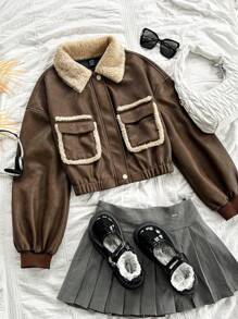 Soleia 女士休闲棕色 PU 皮革拼接毛领前开短款休闲夹克，休闲豹纹秋季夹克 - 棕色 - 查看 6