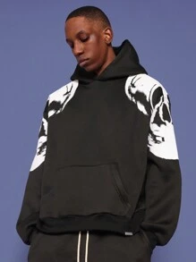SUMWON Artistic Skull Sleeve Pattern Pullover Hoodie Casual Athletic Streetwear Fall Winter Essential Loungewear Relaxed Fashion Statement - Black - View 1