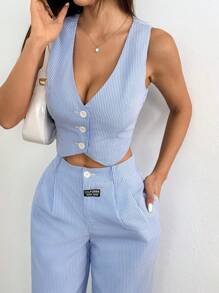 SHEIN EZwear Ladies' Linen Simple Stripe Print Tube Top And Long Pants Two Pieces Set In Fall/Winter - Blue and White - View 4