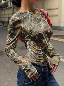 SHEIN EZwear Women's Street Wear Casual Plant Dead Branches Pattern Backless Long Sleeve Tight Cropped T-Shirt Pullover