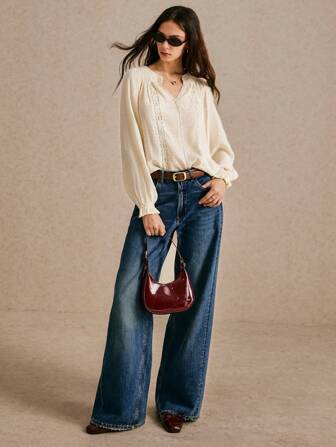 Poéselle 秋季新款长袖缺口领、刺绣蕾丝拼接镂空翻领衬衫办公室服装