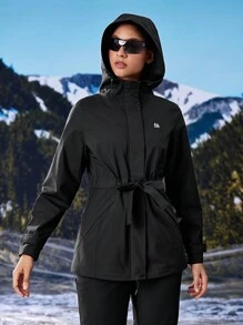 In My Nature 女士植物印花抽绳腰长袖连帽休闲雨衣夹克 - 黑色 - 查看 12