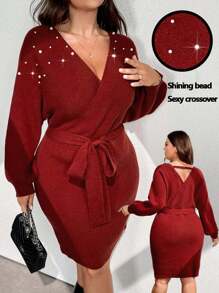Celure Plus Size Elegant Beaded Batwing Sleeve Sweater Dress, Spring & Autumn, Winter