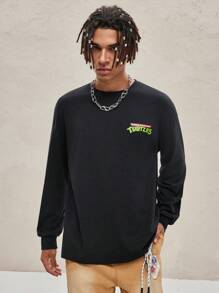 TEENAGE MUTANT NINJA TURTLES | SHEIN Áo thun nam in hình chú rùa hoạt hình và khẩu hiệu, dáng rộng, mùa xuân và thu - màu đen - Xem 4