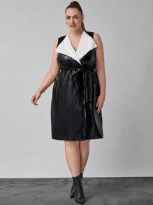 SHEIN Clasi Áo vest dài vừa có lót nhiệt cổ bẻ cỡ lớn có thắt lưng - màu đen - Xem 2