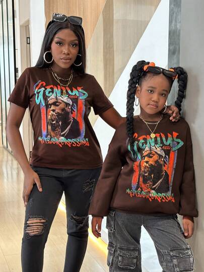 SHEIN Tween Girl Street Style Casual Knitted Portrait Print Oversized Long Sleeve Sweatshirt, Mommy And Me Matching (2 Pieces Sold Separately)