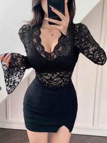 DAZY Women's Sexy Slim Fit V-Neck Lace Long Sleeve Top, Spring & Summer Going Out Tops Sheer,Fall Clothes Valentine's Day - Black - View 1