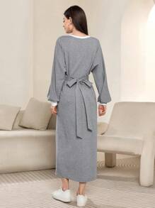 Mulvari Women's Round Neck Batwing Sleeve Waist Twist Open-Hem Casual Sweatshirt Dress, Spring/Autumn Pullover Fall Outfit - Grey - View 2