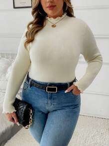 SHEIN Unity Plus Size Solid Color Lettuce Trim Long Sleeve Simple Casual Thermal Top Knit Pullover Fall Winter - Beige - View 4