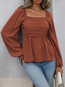 EMERY ROSE Áo peplum tay loe màu trơn đơn giản thời trang xuân/thu cho nữ - Rỉ Nâu - Xem 5
