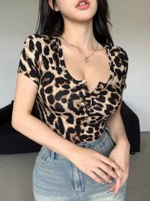 Dazy Star 女士夏季休闲豹纹修身短袖T恤、短款上衣 - 彩色 - 查看 2