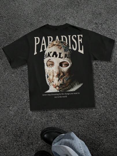 Manfinity EMRG 男士休闲口号和人物图案印花圆领短袖 T 恤，夏季，送给朋友