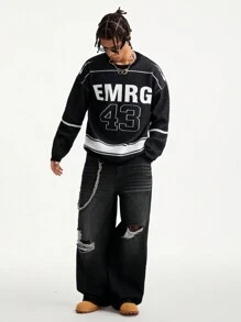 Manfinity EMRG Men's Casual Loose Fit Letter & Number Color Block Dropped Shoulder Sweater - Multicolor - View 5