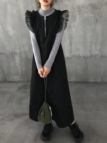 FRIFUL 女士网眼荷叶边袖孔半拉链前超长连衣裙（仅连衣裙，不含 T 恤） - 黑色 - 查看 1