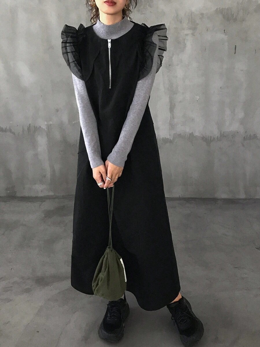 FRIFUL 女士网眼荷叶边袖孔半拉链前超长连衣裙（仅连衣裙，不含 T 恤） - 黑色 - 查看 1