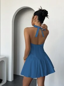 INAWLY 女士优雅荷叶边下摆挂脖式 A 字短裙，夏季 - 藍色 - 查看 2