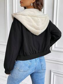 Chiquease Women's Solid Color Long Sleeve Zipper Collared Thermal Lined Hooded Casual Jacket, Autumn Winter Fall Cloth For Women - Black - View 2