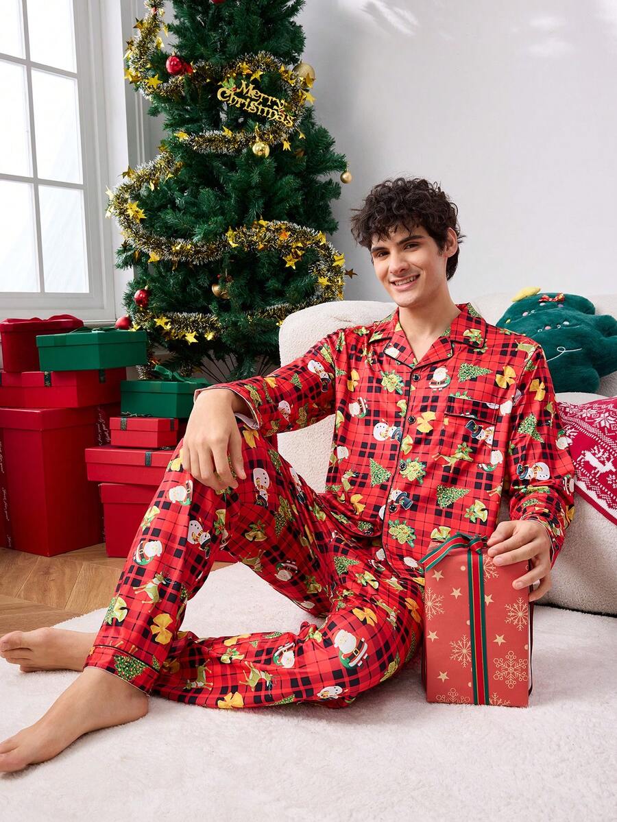 2 件男士格子和圣诞主题印花纽扣前襟衬衫和裤子睡衣套装 - 黑色 - 查看 1