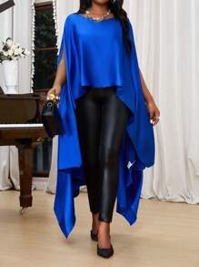 SHEIN Lady Blusa elegante de cuello de barco azul tejida de talla grande para primavera, verano, otoño e invierno con mangas divididas. Trajes elegantes de otoño y verano para curvas en azul real - Azul - Ver 5
