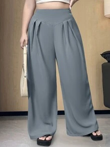 Flirla Pantalones anchos de talla grande de cintura alta, de unicolor y casuales - Azul - Ver 5