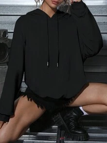 Muchica 女士休闲简约唇印图案宽松连帽卫衣，秋冬款 - 黑色 - 查看 5