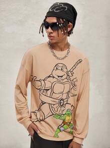 TEENAGE MUTANT NINJA TURTLES | SHEIN Áo thun tay dài dáng rộng in hình con rùa hoạt hình thường ngày cho nam - Màu Khaki - Xem 1
