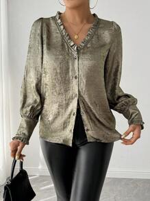 Chiquease Women's Slim Fit Flounced Hem Foil Printed Blouse Fall Cloth For Women - Bronze - View 4
