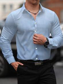 Manfinity Mode 男士春秋休闲格子长袖衬衫 - 藍色 - 查看 3