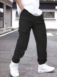 SHEIN 2pcs Tween Boys Casual Ribbed Fabric Pocket Pants Set - Multicolor - View 4