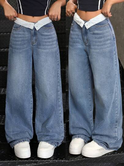 SHEIN Tween Girl Blue Denim Contrast Color Fold-Over Waist Loose Fit Baggy Jeans
