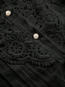 大尺碼女式立領襯衫,帶蕾絲拼接及燈籠袖 - 黑色 - 查看 5