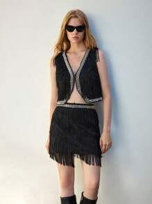 Maija Minifalda de mujer en color negro con adorno de perlas falsas y flecos en el bajo, de estilo de moda para otoño - Negro - Ver 2