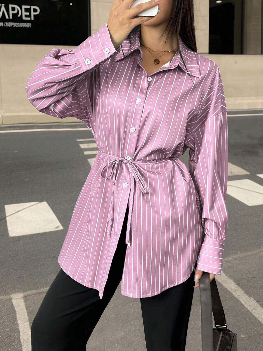 SHEIN Unity 休闲条纹长袖长腰带纽扣衬衫 - 粉色 - 查看 1