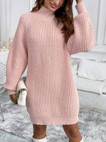 Chiquease 纯色高领长袖简约短款休闲毛衣连衣裙 - 粉色 - 查看 6