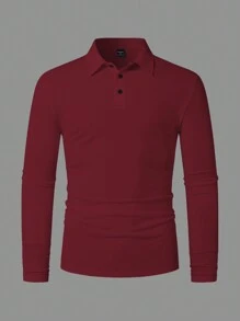 Manfinity Homme 男士休闲纯色长袖 Polo 衫，春秋 - 酒紅色 - 查看 2